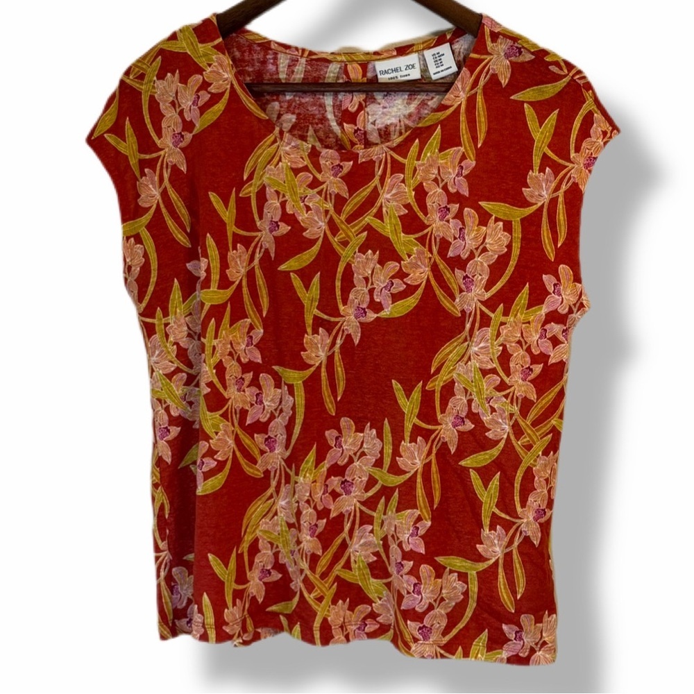 Rachel Zoe 100% Linen Floral Button Back Top Orange Pink Medium